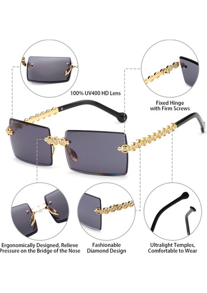 Siyah1 Tarzı Renkli Çerçevesiz Dikdörtgen Güneş Gözlüğü Retro Sürüş Güneş Gözlüğü Kadın Erkek Çerçevesiz Metal UV400 Gözlük Yeni Yaz Gözlüğü (Yurt Dışından) indirimleri