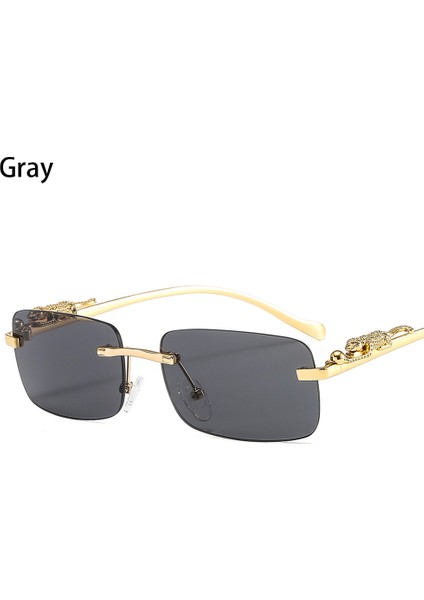 Gri Stil Pc Retro UV400 Çerçevesiz Dikdörtgen Sürüş Güneş Gözlüğü Leopar Desen Dekorasyon Net Okyanus Lens Gözlük Yaz Gözlükleri Gölgeler (Yurt Dışından)