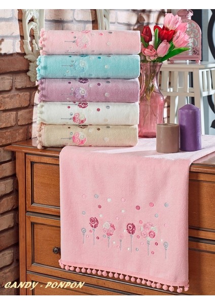 6'lı Kadife Ponponlu (Candy) Nakışlı El-Yüz Havlu Seti (50X90 Cm)