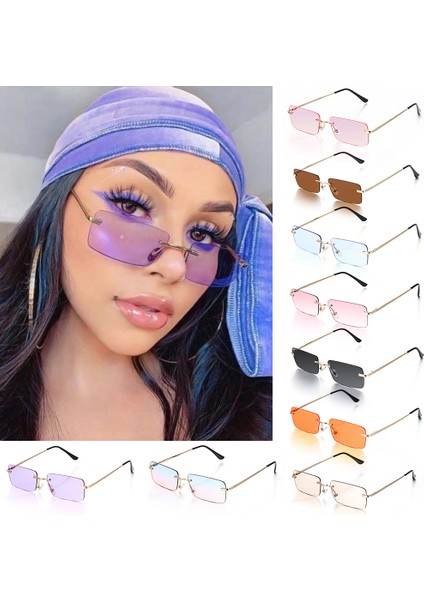 Gri Tarzı Kadın Erkek Dikdörtgen Çerçevesiz Güneş Gözlüğü Kare Vintage Gözlük Lüks Tasarım Retro Küçük Çerçeve Gradient Gözlük UV400 Gözlük (Yurt Dışından) fırsatları