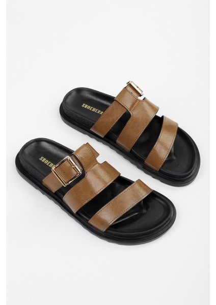 Kadın Loine Karamel Cilt Kalın Kemerli Terlik