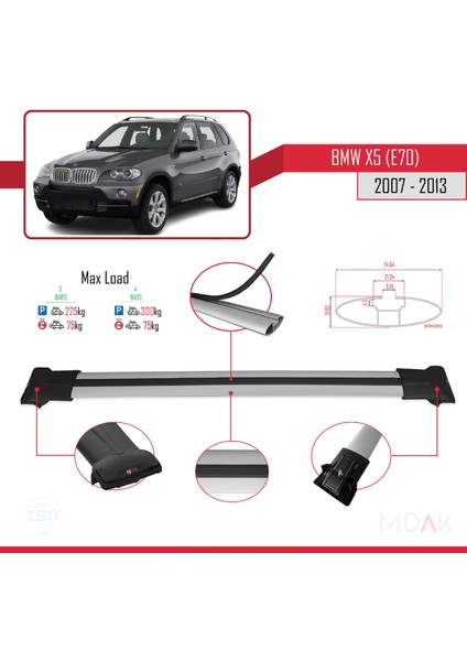 Bmw X5 (E70) 2007-2013 Arası ile Uyumlu Fly Model Ara Atkı Tavan Barı Gri 3 Adet modelleri