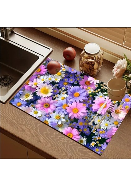 55 cm x 45 cm Renkli Çiçekler Desenli Tezgah Üstü Bulaşık Kurutma Matı Bulaşıklık Kurutma Örtüsü