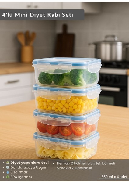 4'lü Mini Diyet Kabı Seti Bpa Free Hava Almaz Saklama Kabı Çıkarılabilir Bölmeli Gıda Kutusu 350 ml
