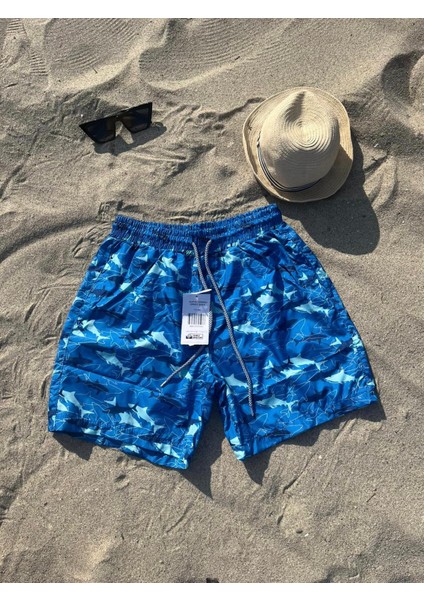 Erkek Mavi Köpek Balığı Desenli Deniz Şortu
