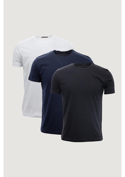 Slim Fit Dar Kesim Bisiklet Yaka %100 Pamuk 3'lü T-Shirt Paketi Lacivert