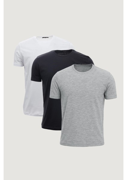 Slim Fit Dar Kesim Bisiklet Yaka %100 Pamuk 3'lü T-Shirt Paketi Gri
