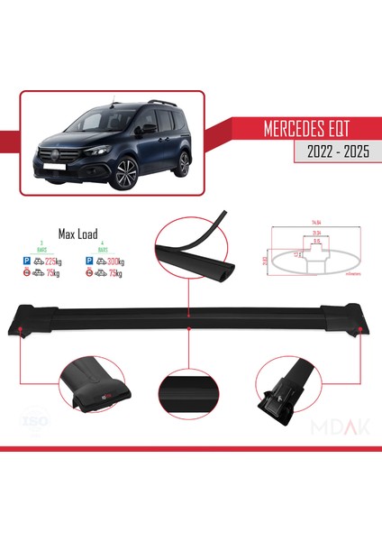Mercedes Eqt / Citan W420 2022-2025 Arası ile Uyumlu Fly Model Ara Atkı Tavan Barı Siyah 3 Adet modelleri