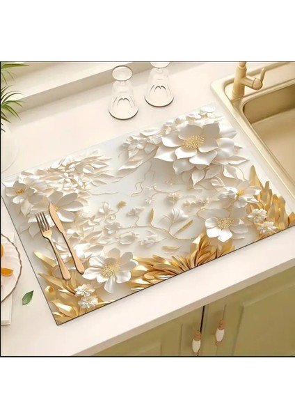 55 cm x 45 cm Beyaz Çiçek Desenli Tezgah Üstü Bulaşık Kurutma Matı Bulaşıklık Kurutma Örtüsü