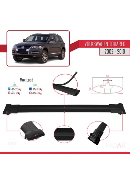 Volkswagen Touareg (7l) 2002-2010 Arası ile Uyumlu Fly Model Ara Atkı Tavan Barı Siyah 3 Adet modelleri