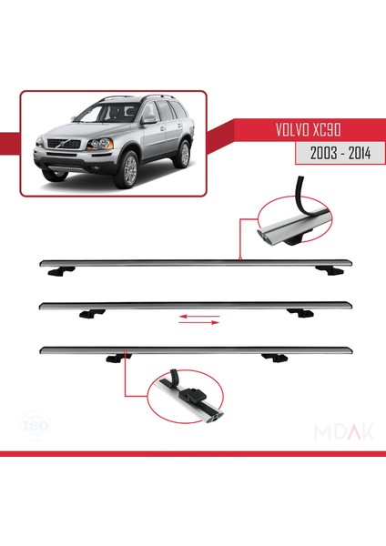 Volvo XC90 2003-2014 Arası ile Uyumlu Basıc Model Ara Atkı Tavan Barı Gri 3 Adet indirimleri