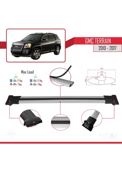 Gmc Terrain 2010-2017 Arası ile Uyumlu Fly Model Ara Atkı Tavan Barı Gri 3 Adet