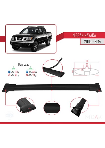Nissan Navara 3 (D40) 2005-2014 Arası ile Uyumlu Fly Model Ara Atkı Tavan Barı Siyah 2 Adet fırsatları
