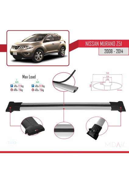 Nissan Murano 2 (Z51) 2008-2014 Arası ile Uyumlu Fly Model Ara Atkı Tavan Barı Gri 3 Adet modelleri