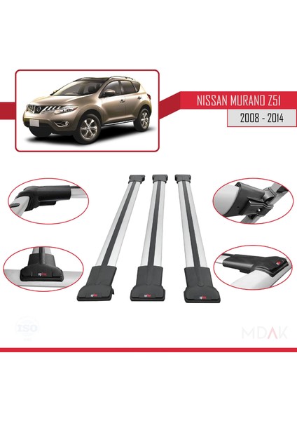 Nissan Murano 2 (Z51) 2008-2014 Arası ile Uyumlu Fly Model Ara Atkı Tavan Barı Gri 3 Adet fırsatları