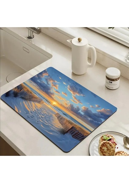 55 cm x 45 cm Okyanus Plajı Temalı Tezgah Üstü Bulaşık Kurutma Matı Bulaşıklık Kurutma Örtüsü