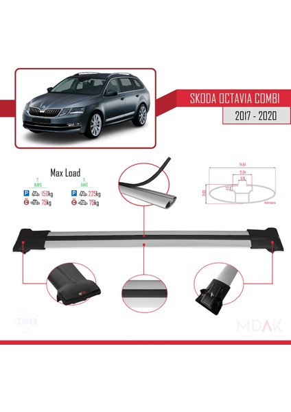 Skoda Octavia 3 (5e) Combi Post-Facelift 2017-2020 Arası ile Uyumlu Fly Model Ara Atkı Tavan Barı Gri 2 Adet fırsatları