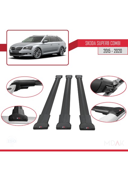 Skoda Superb 3 (3V) Combi Pre-Facelift 2015-2019 Arası ile Uyumlu Fly Model Ara Atkı Tavan Barı Siyah 3 Adet fırsatları