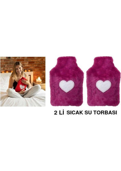 Sıcak Su Torbası 2 Adet Peluş Kalpli Pembe Termofor 29x17 cm 750 ml