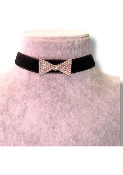 Kadife Fiyonklu Taşlı Choker Kolye