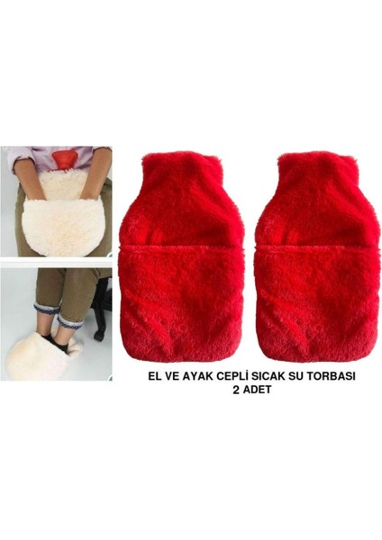 Sıcak Su Torbası 2 Adet,cepli Kırmızı Peluş Termofor 32,5X17,5CM 1500 ml