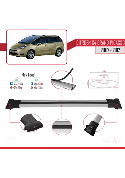 Citroen Grand C4 Picasso 2007-2012 Arası ile Uyumlu Fly Model Ara Atkı Tavan Barı Gri 3 Adet modelleri
