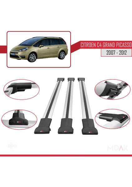 Citroen Grand C4 Picasso 2007-2012 Arası ile Uyumlu Fly Model Ara Atkı Tavan Barı Gri 3 Adet fırsatları