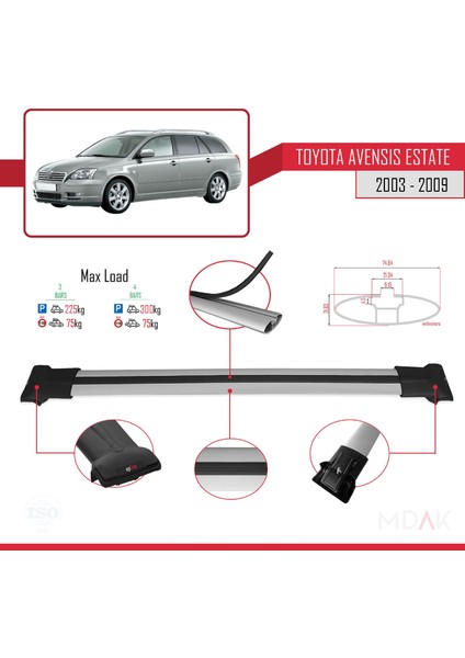 Toyota Avensis Sw 2003-2009 Arası ile Uyumlu Fly Model Ara Atkı Tavan Barı Gri 3 Adet modelleri
