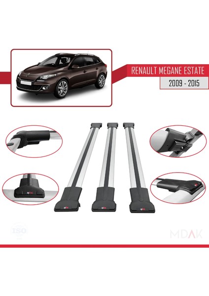 Renault Megane 3 St 2009-2015 Arası ile Uyumlu Fly Model Ara Atkı Tavan Barı Gri 3 Adet fırsatları