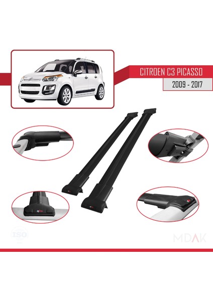 Citroen C3 Picasso 2009-2017 Arası ile Uyumlu Fly Model Ara Atkı Tavan Barı Siyah 2 Adet modelleri