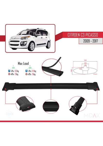 Citroen C3 Picasso 2009-2017 Arası ile Uyumlu Fly Model Ara Atkı Tavan Barı Siyah 2 Adet fırsatları