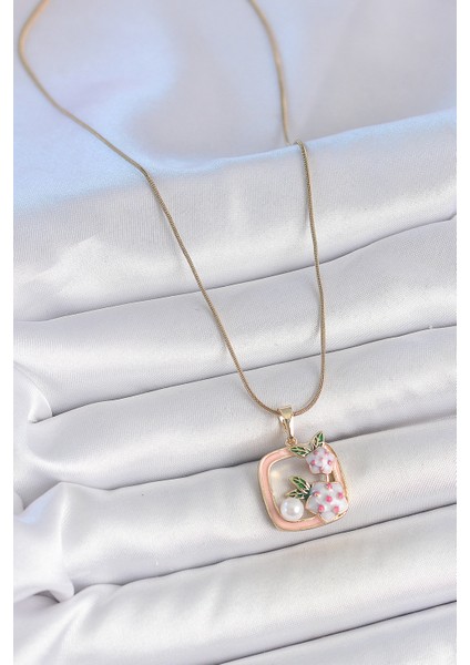 316L Çelik Gold Renk Zincir Pembe Mineli Kare Model Çiçek Işlemeli Inci Detay Kadın Kolye - TJ-BKO10160