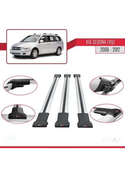 Kia Sedona 2 (Vq) 2006-2012 Arası ile Uyumlu Fly Model Ara Atkı Tavan Barı Gri 3 Adet