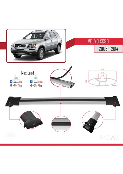 Volvo XC90 2003-2014 Arası ile Uyumlu Fly Model Ara Atkı Tavan Barı Gri 3 Adet modelleri