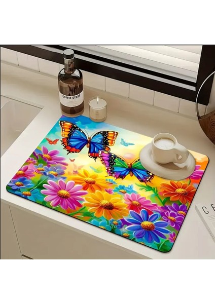 55 cm x 45 cm Gökkuşağı Kelebek Çiçek Tasarımı Tezgah Üstü Bulaşık Kurutma Matı Bulaşıklık Kurutma Örtüsü