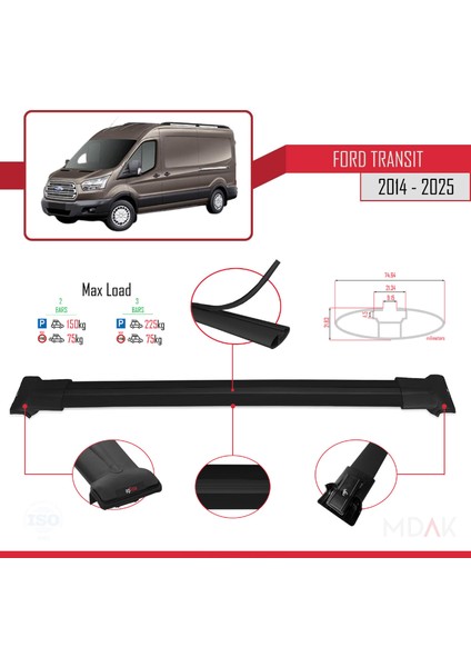 Ford Transit 2014 ve Sonrası ile Uyumlu Fly Model Ara Atkı Tavan Barı Siyah 2 Adet fırsatları