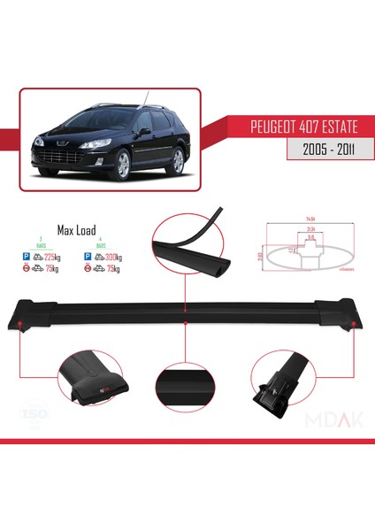 Peugeot 407 Sw 2005-2011 Arası ile Uyumlu Fly Model Ara Atkı Tavan Barı Siyah 3 Adet modelleri