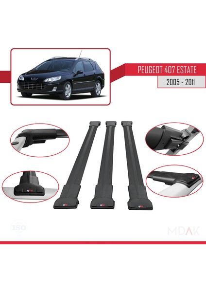 Peugeot 407 Sw 2005-2011 Arası ile Uyumlu Fly Model Ara Atkı Tavan Barı Siyah 3 Adet fırsatları
