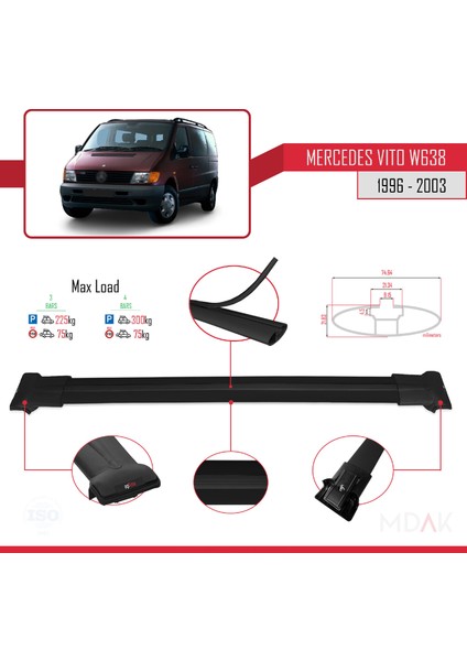 Mercedes Vito (W638) 1996-2003 Arası ile Uyumlu Fly Model Ara Atkı Tavan Barı Siyah 3 Adet modelleri