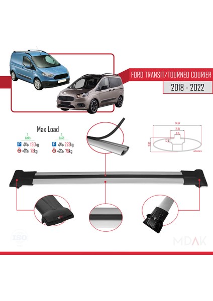 Ford Transit/tourneo Courier Post-Facelift 2018-2022 Arası ile Uyumlu Fly Model Ara Atkı Tavan Barı Gri 2 Adet fırsatları