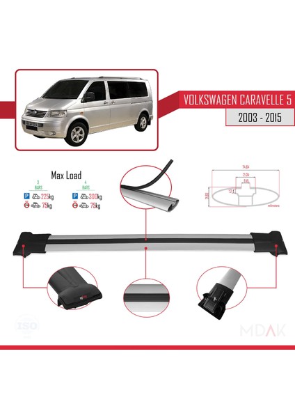 Volkswagen T5 Caravelle 2003-2015 Arası ile Uyumlu Fly Model Ara Atkı Tavan Barı Gri 3 Adet modelleri