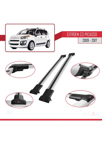 Citroen C3 Picasso 2009-2017 Arası ile Uyumlu Fly Model Ara Atkı Tavan Barı Gri 2 Adet modelleri