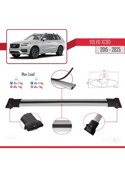 Volvo XC90 Iı 2015 ve Sonrası ile Uyumlu Fly Model Ara Atkı Tavan Barı Gri 3 Adet modelleri