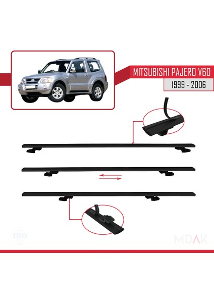 Mitsubishi Pajero (V60) 3 Kapı 1999-2006 Arası ile Uyumlu Basıc Model Ara Atkı Tavan Barı Siyah 3 Adet indirimleri