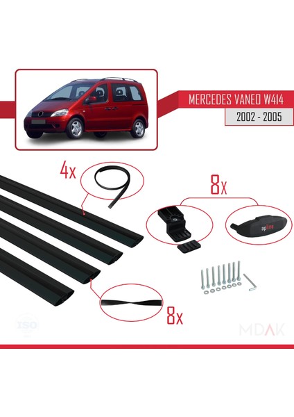 Mercedes Vaneo (W414) 2002-2005 Arası ile Uyumlu Basıc Model Ara Atkı Tavan Barı Siyah 4 Adet