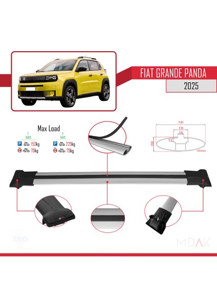 Fiat Grande Panda 2025-2025 Arası ile Uyumlu Fly Model Ara Atkı Tavan Barı Gri 2 Adet fırsatları