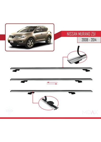 Nissan Murano 2 (Z51) 2008-2014 Arası ile Uyumlu Basıc Model Ara Atkı Tavan Barı Gri 3 Adet indirimleri