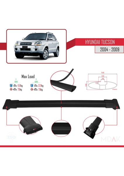 Hyundai Tucson (Jm) 2004-2009 Arası ile Uyumlu Fly Model Ara Atkı Tavan Barı Siyah 2 Adet fırsatları