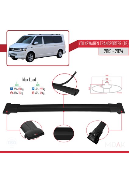 Volkswagen T6 Transporter 2015-2024 Arası ile Uyumlu Fly Model Ara Atkı Tavan Barı Siyah 2 Adet