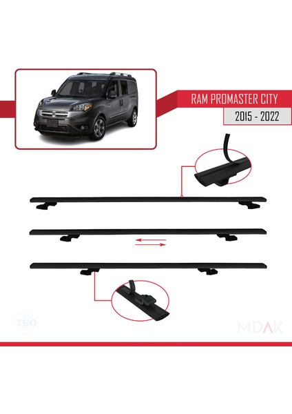Ram Promaster City (636) 2015-2022 Arası ile Uyumlu Basıc Model Ara Atkı Tavan Barı Siyah 2 Adet